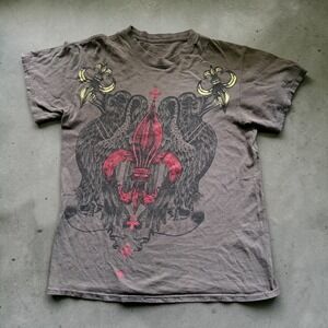 Vintage Y2K Graphic Tee Eagle Fleur De Lis Goth MMA Grunge Faded Brown Shirt